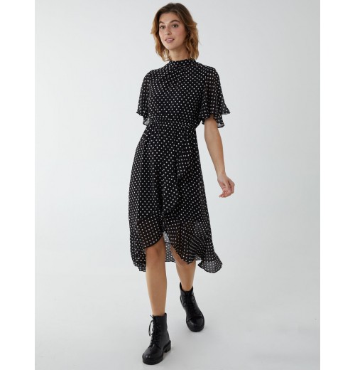 Blouson Wrap Skirt Ruffle Midi Dress