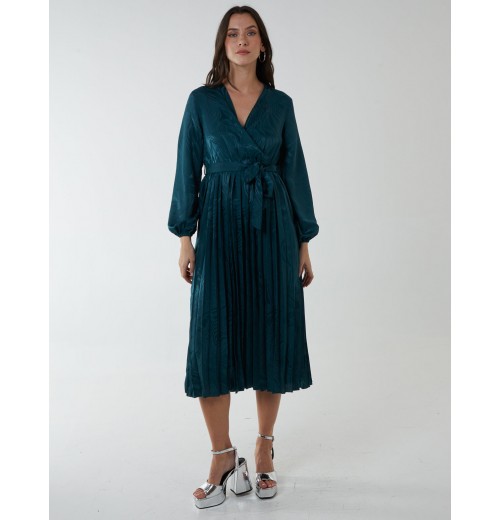 Jacquard Wrap Front Belted Pleated Midi Dress