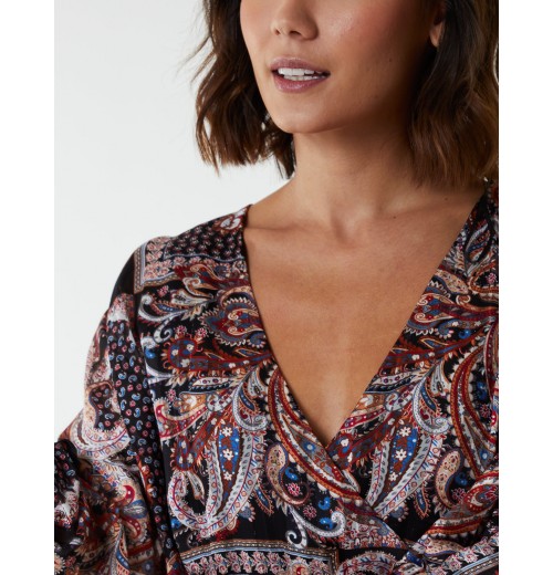 Paisley Wrap Front Pleated Kimono Sleeve Dress