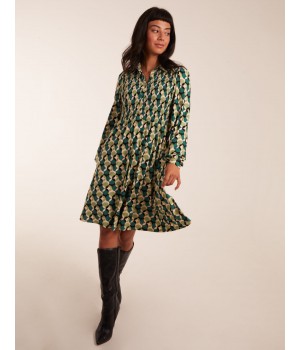 Geometric Print Shirred Bust Long Sleeve Shirt Dress