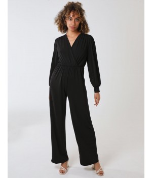 Elasticated Waist Crossover Long Sleeve Jumpsuit