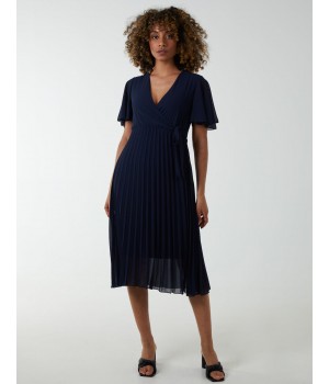 Wrap Tie Pleated Crossover Dress