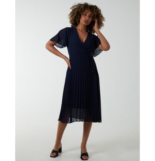 Wrap Tie Pleated Crossover Dress