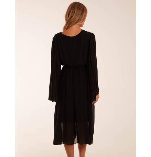 Wrap Front Pleated Sleeve Midi Dress