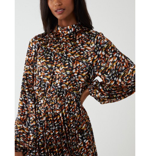 Abstract Animal Print High Neck Blouson Dress