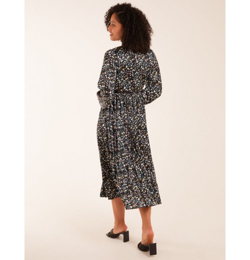 Abstract Animal Print High Neck Blouson Midi Dress