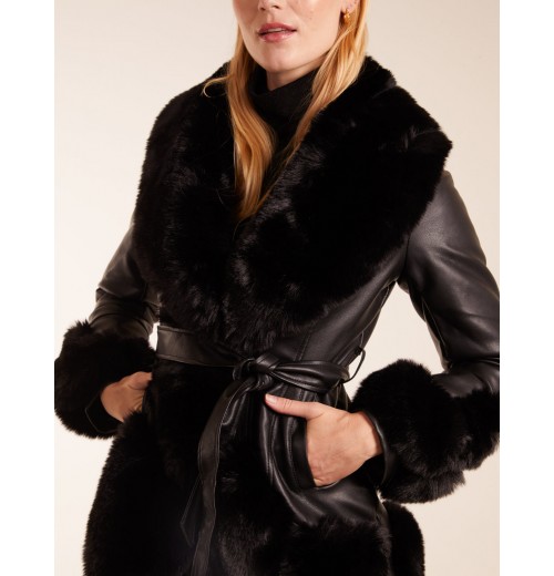 Faux Fur Collar PU Belted Coat