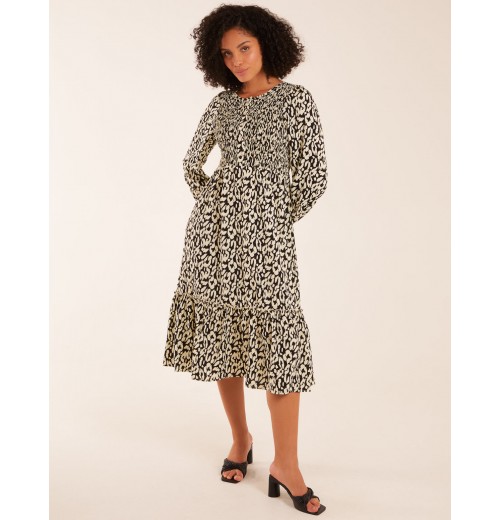 Animal Print Shirred Long Sleeve Midi Dress