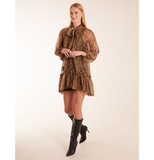 Leopard Print Pussy Bow Frill Shirt Dress